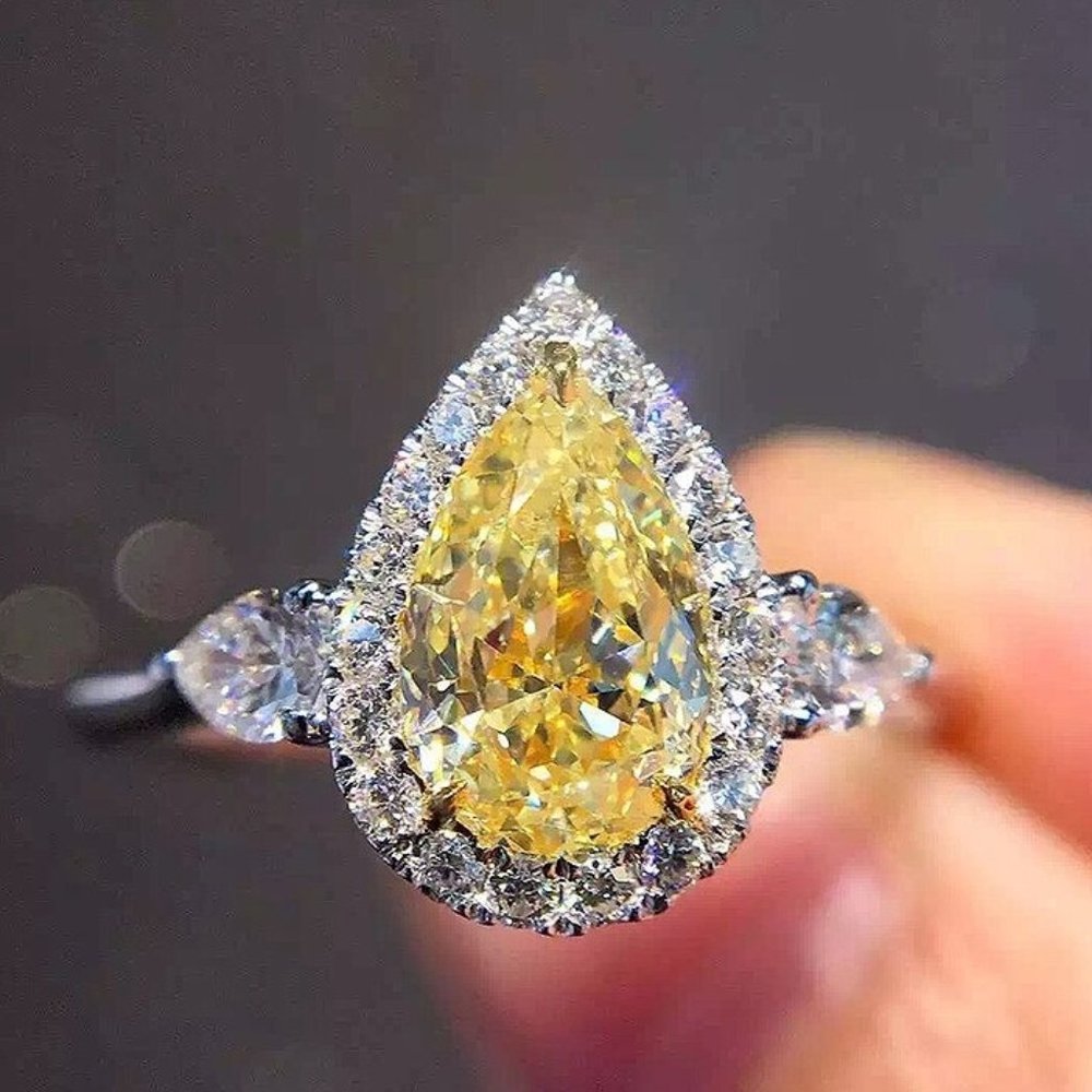 💍925 Silver Yellow Water Drop Romantic Crystal Diamond Ring for Women, K778 - Picture 10 of 11